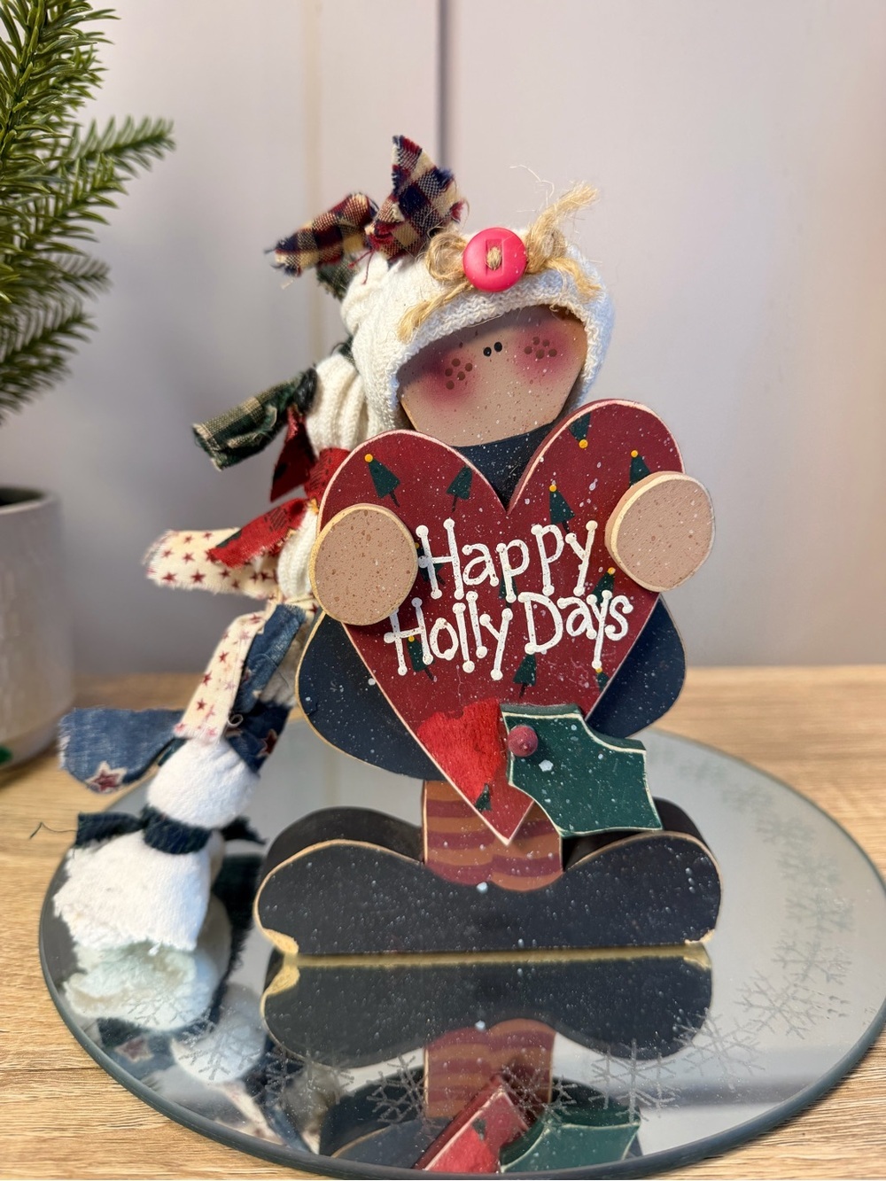 Holiday Wooden Figure Decor – Red Heart 'Happy Holly Days' 7”